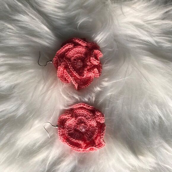 Brand New Handmade Crochet Earring Pink Flower Pattern 100% Cotton For Women - Picture 3 of 8